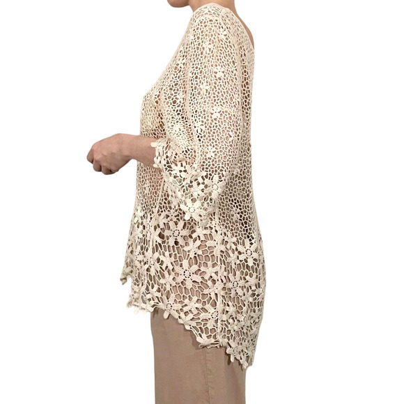 Free People Crochet Floral Lace Top Semi-Sheer Beige One Sz Cover-Up Scoop Neck - Picture 5 of 8